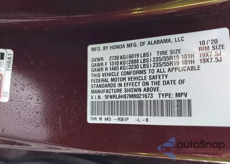 2021 Honda Odyssey Touring z USA, uszkodzony, nr VIN 5FNRL6H87MB021673